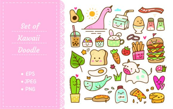 Kawaii Doodle Design Set: Food, Animals, and Creative Assets