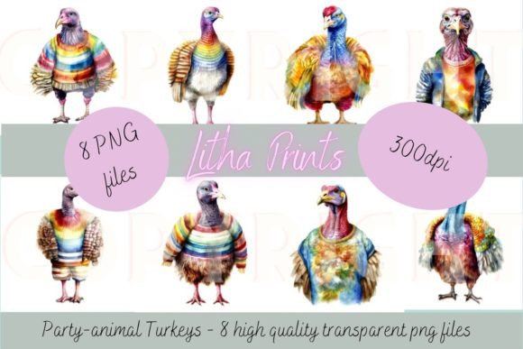 Watercolour Party Animal Turkeys for Creative Projects